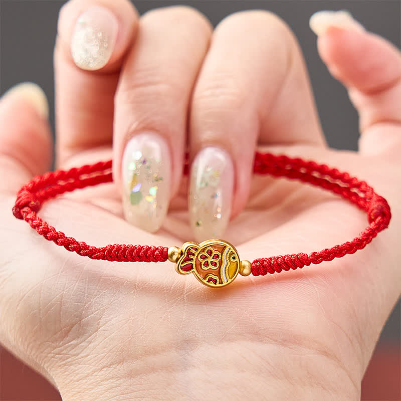 Buddha Stones Pulsera de cuerda roja tejida a mano con flores y peces koi para la buena suerte - image 4