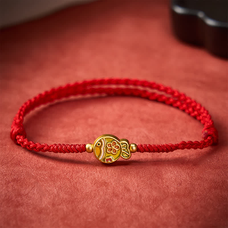 Buddha Stones Pulsera de cuerda roja tejida a mano con flores y peces koi para la buena suerte - image 10