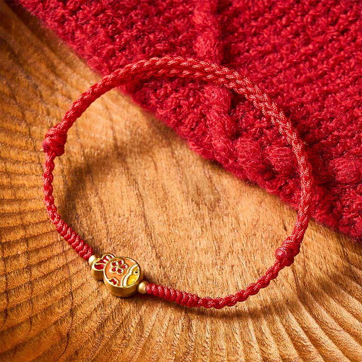 Buddha Stones Pulsera de cuerda roja tejida a mano con flores y peces koi para la buena suerte - image 2