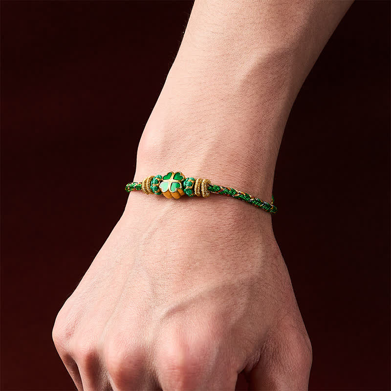 Buddha Stones Pulsera de cuerda tejida a mano con forma de corazón y trébol de cuatro hojas verde. - image 5
