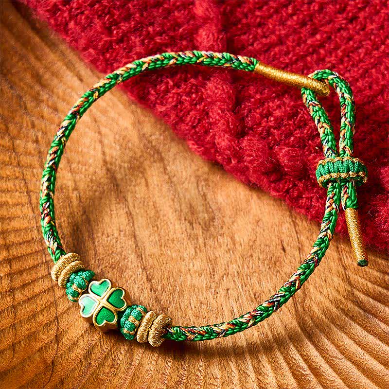 Buddha Stones Pulsera de cuerda tejida a mano con forma de corazón y trébol de cuatro hojas verde. - image 1