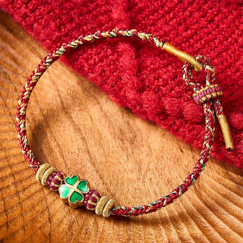 Buddha Stones Pulsera de cuerda tejida a mano con forma de corazón y trébol de cuatro hojas verde. - Rojo (Circunferencia de la muñeca: 5,9-7,5 pulgadas / 15-19 cm) - image 10