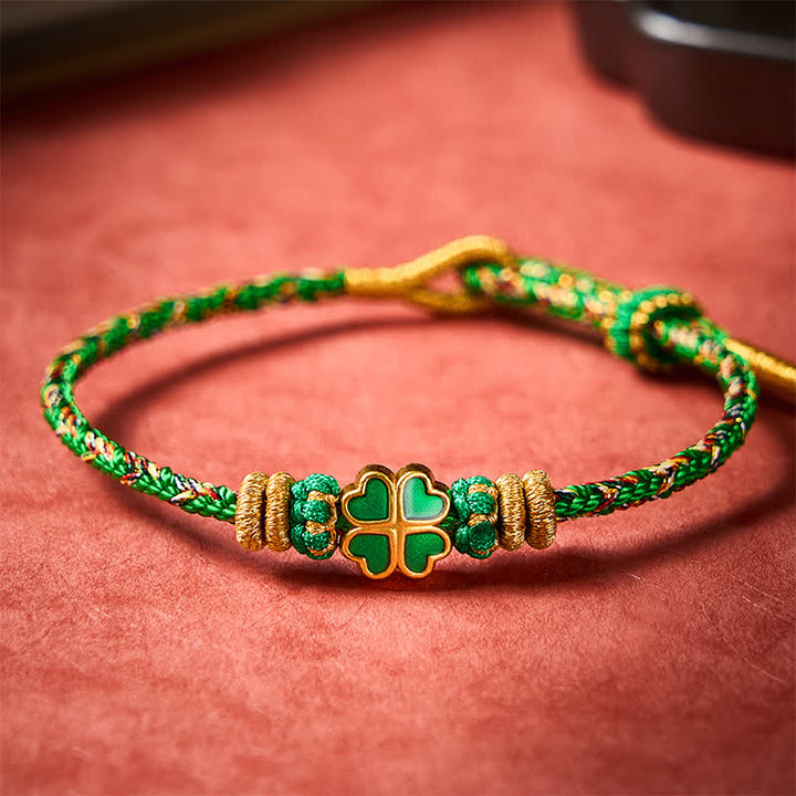 Buddha Stones Pulsera de cuerda tejida a mano con forma de corazón y trébol de cuatro hojas verde. - image 2