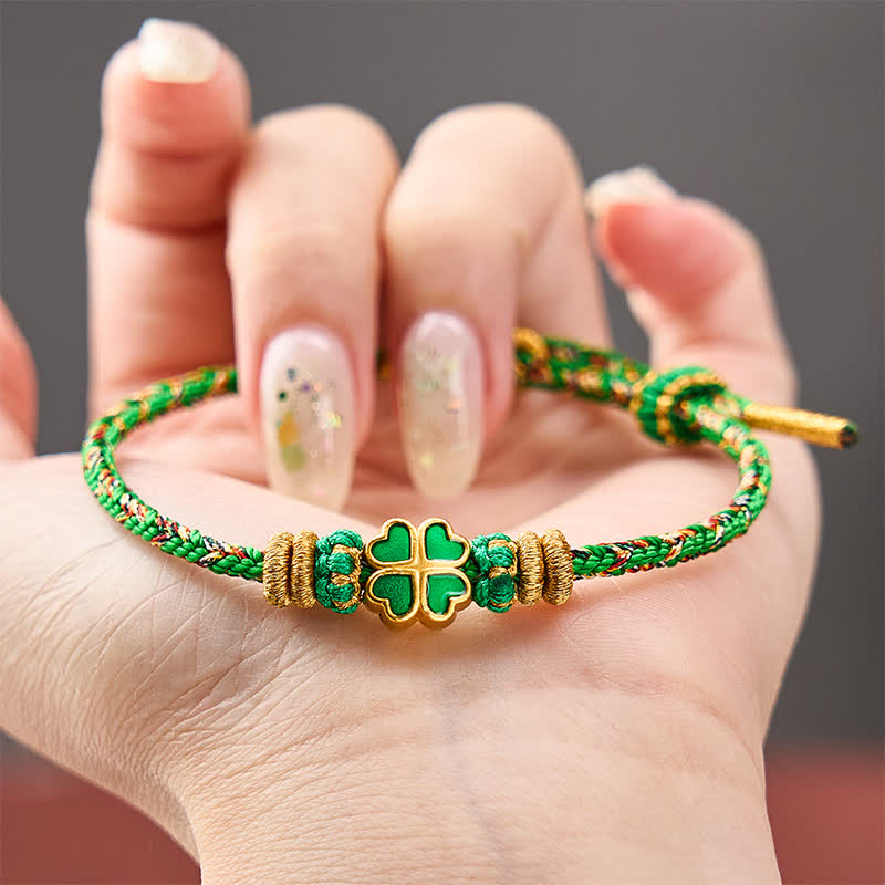 Buddha Stones Pulsera de cuerda tejida a mano con forma de corazón y trébol de cuatro hojas verde. - image 4