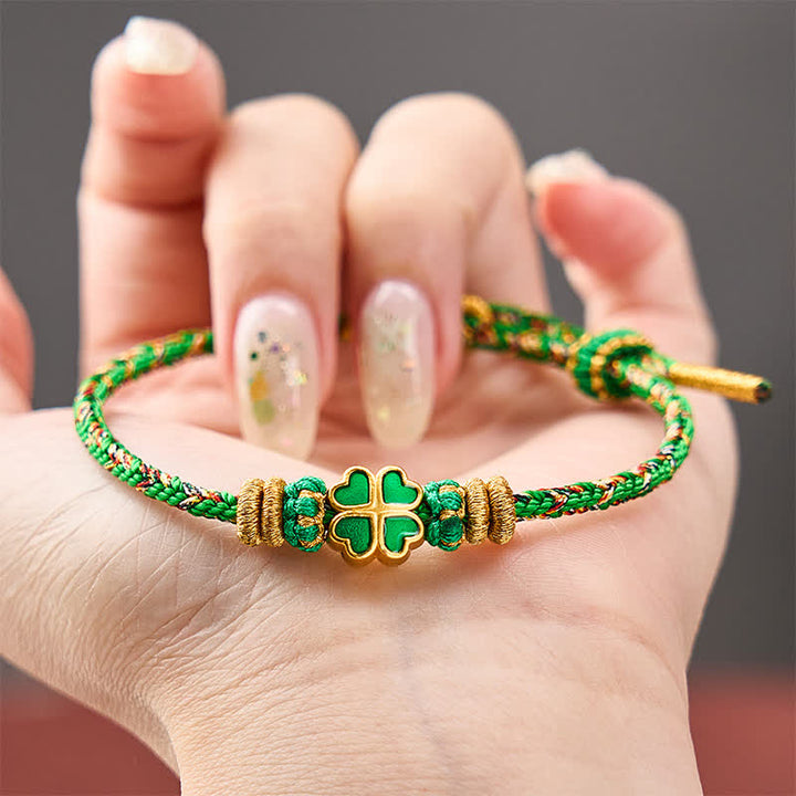 Buddha Stones Pulsera de cuerda tejida a mano con forma de corazón y trébol de cuatro hojas verde. - image 4