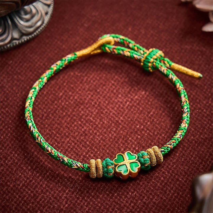 Buddha Stones Pulsera de cuerda tejida a mano con forma de corazón y trébol de cuatro hojas verde. - Verde (circunferencia de la muñeca: 15-19 cm) - image 0