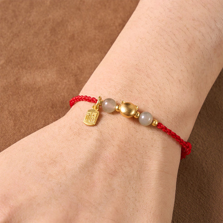 Buddha Stones Pulsera de hilo rojo con personaje de gato de cobre de jade Hetian Fu - image 4