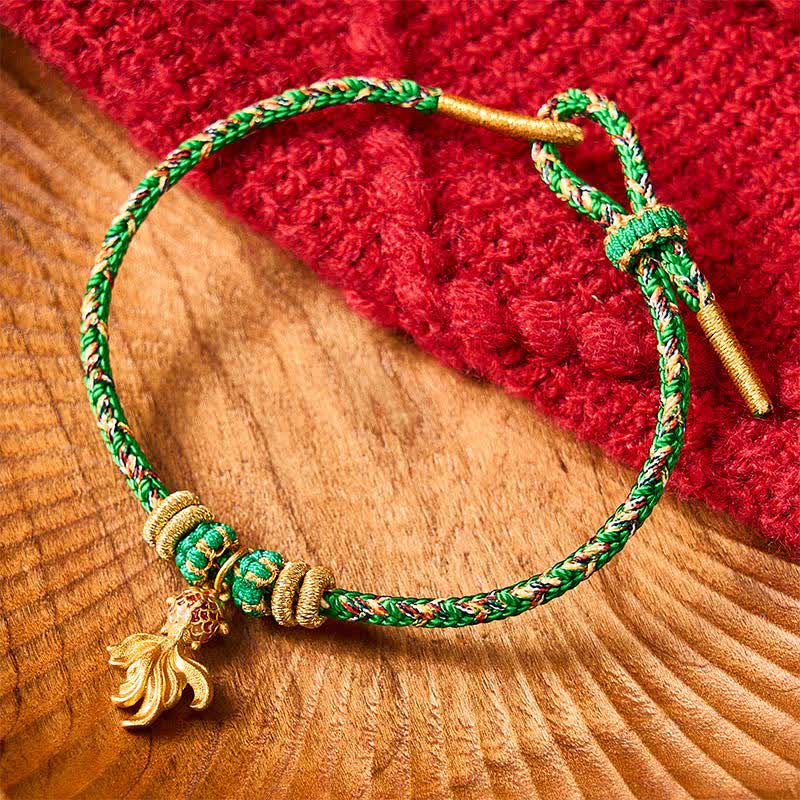 Buddha Stones Pulsera de cuerda verde con diseño de pez koi rojo tejido a mano para la buena suerte - image 1