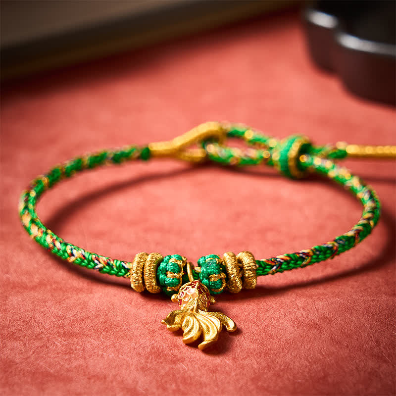 Buddha Stones Pulsera de cuerda verde con diseño de pez koi rojo tejido a mano para la buena suerte - image 2