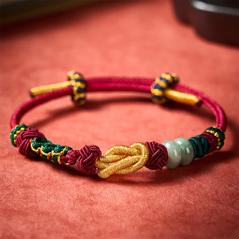 Buddha Stones Pulsera de cuentas de jade con flores de durazno tejida a mano con hilo rojo - image 2