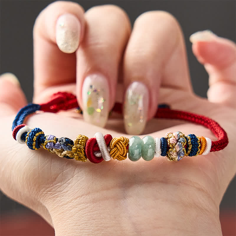Buddha Stones Pulsera de hilo rojo y azul marino con cuentas de jade y flor de durazno tejida a mano - image 4