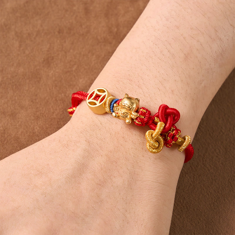 Buddha Stones Pulsera trenzada de protección con hilo rojo y diseño de gato dorado de la suerte - image 5
