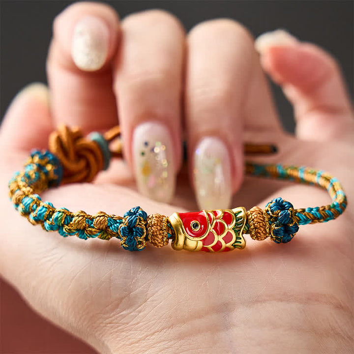 Buddha Stones Pulsera de cuerda tejida a mano con mandala de flor de durazno, nudo y pez koi de la suerte. - image 3