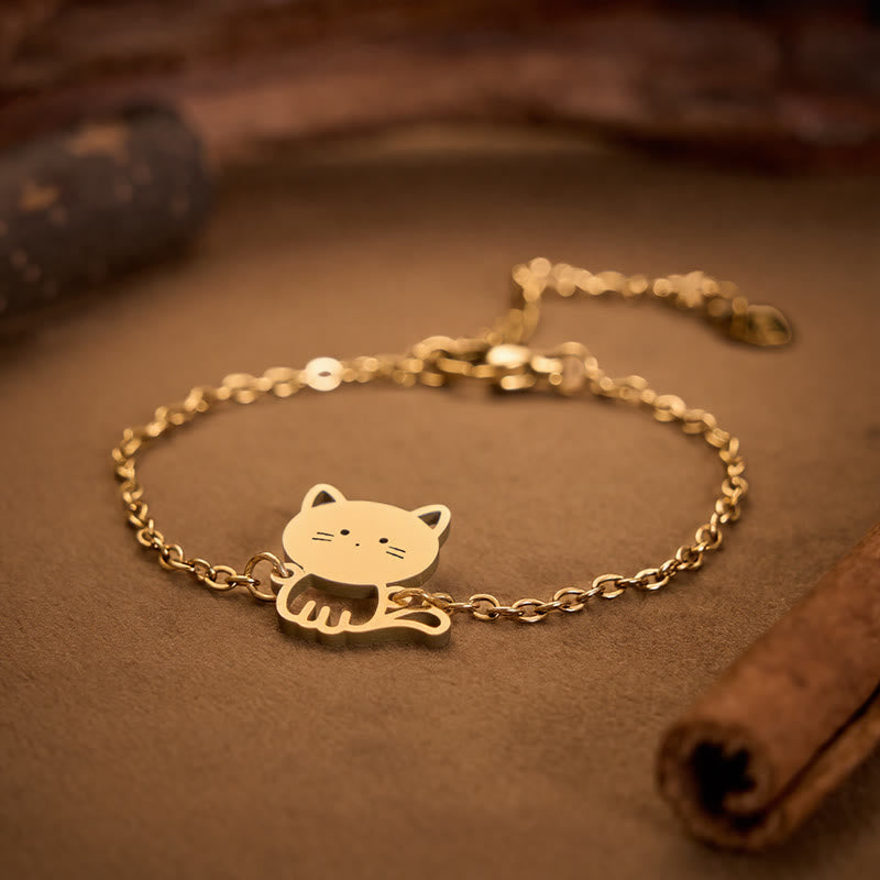 Buddha Stones Pulsera de cadena protectora minimalista con dije de gato de acero de titanio - image 1