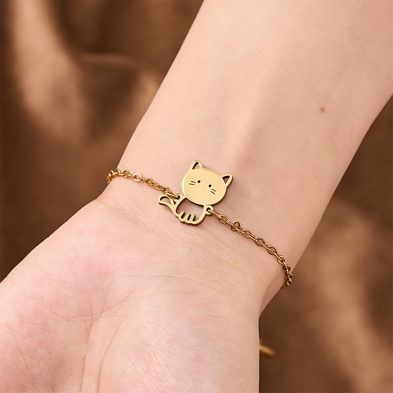 Buddha Stones Pulsera de cadena protectora minimalista con dije de gato de acero de titanio - image 3