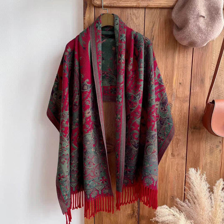 Bufanda de viaje acogedora con borlas y ramas de flores tibetanas de Buddha Stones - Rojo 180*65cm - image 11