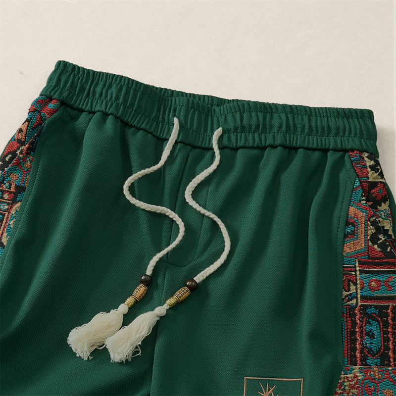 Buddha Stones Pantalones cortos de verano estilo bohemio para hombre con cintura elástica, cordón ajustable, ribete geométrico y bolsillos. - image 3