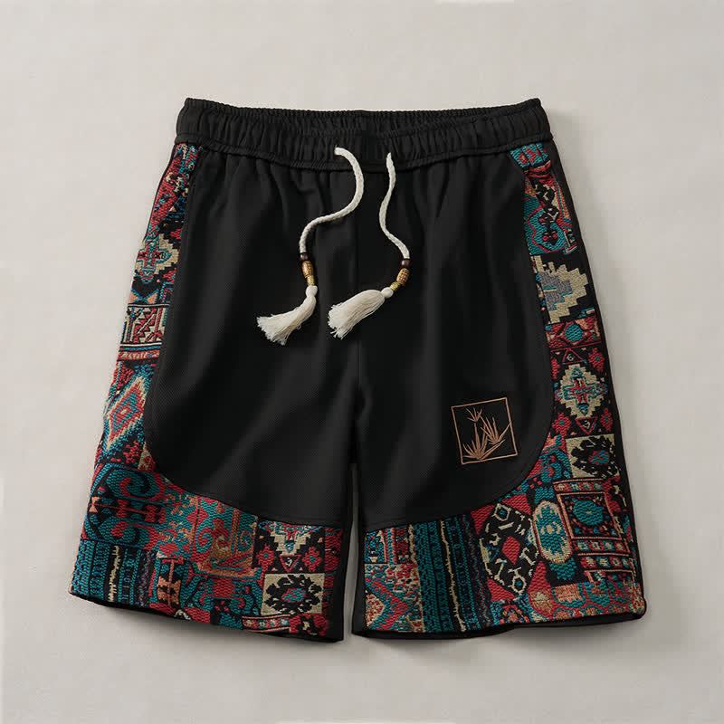 Buddha Stones Pantalones cortos de verano estilo bohemio para hombre con cintura elástica, cordón ajustable, ribete geométrico y bolsillos. - Negro - US/UK/AU46, EU56 (5XL) - image 8