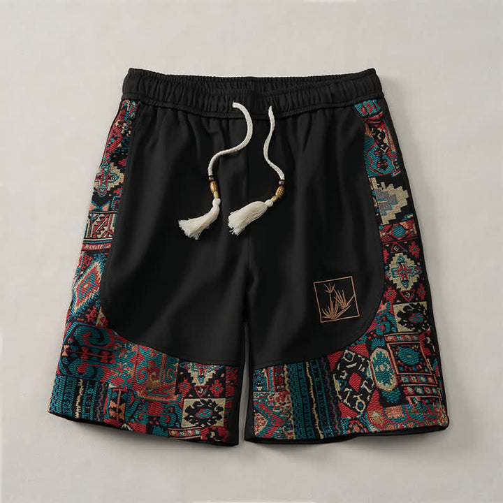Buddha Stones Pantalones cortos de verano estilo bohemio para hombre con cintura elástica, cordón ajustable, ribete geométrico y bolsillos. - Negro - US/UK/AU46, EU56 (5XL) - image 8