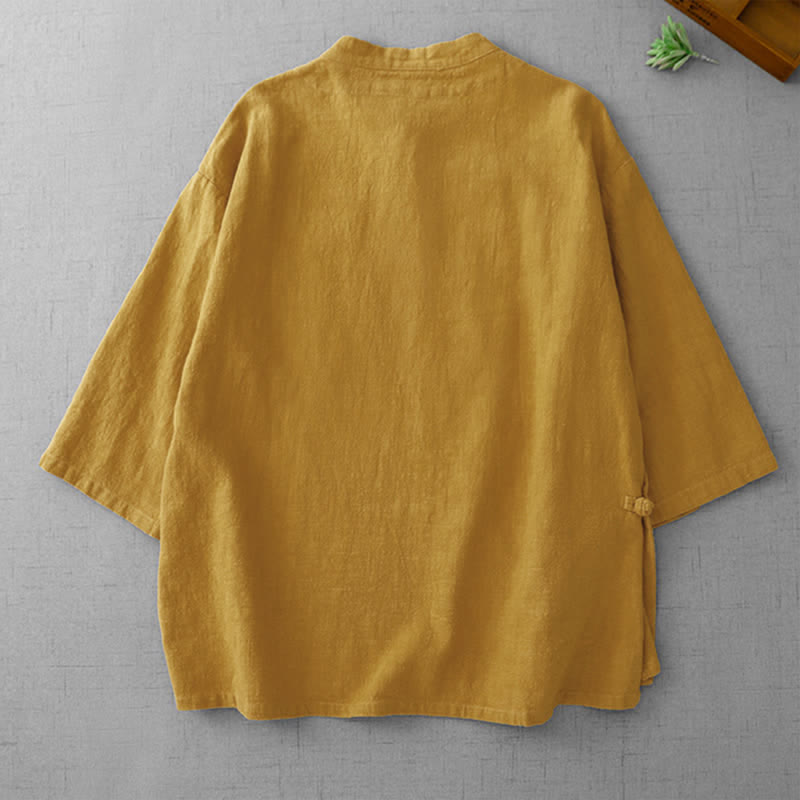 Buddha Stones Camisas de manga tres cuartos para mujer, estilo vintage, con cuello mandarín y botones de rana, color liso, estilo Summer Tang. - image 1