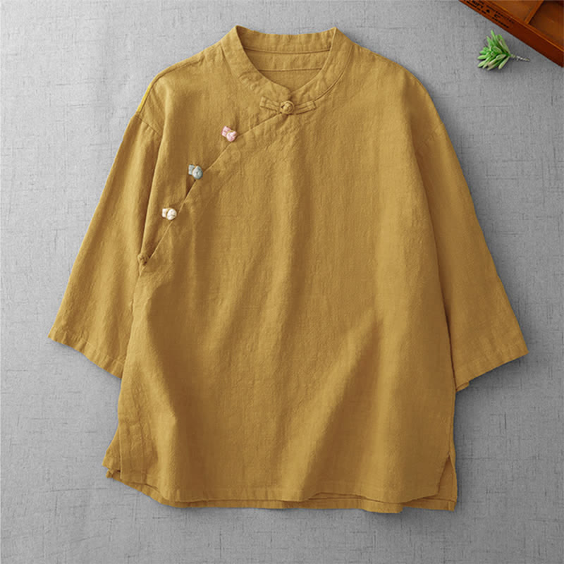 Buddha Stones Camisas de manga tres cuartos para mujer, estilo vintage, con cuello mandarín y botones de rana, color liso, estilo Summer Tang. - vara de oro - US8-10, UK/AU12-14, EU40-42 (2XL) - image 0