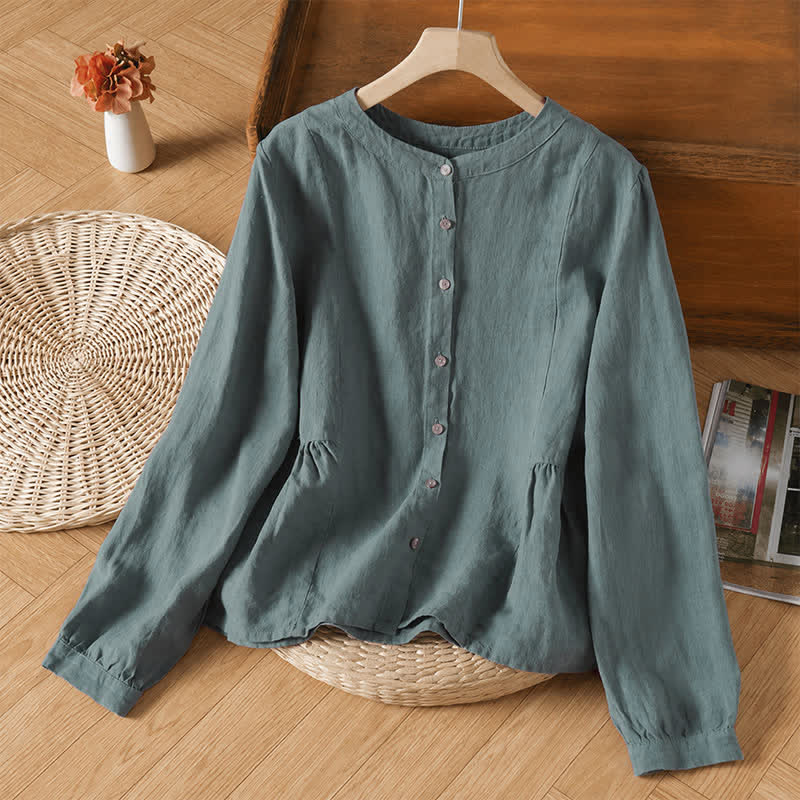 Buddha Stones Camisas de manga larga para mujer, estilo casual minimalista, con cuello redondo y botones, para primavera y otoño. - Verde azulado - US8-10, UK/AU12-14, EU40-42 (2XL) - image 0