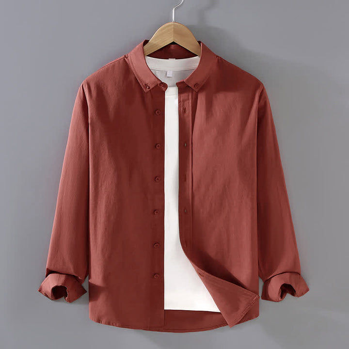Buddha Stones Camisas de manga larga de algodón liso para hombre, estilo casual minimalista, con botones, para primavera y otoño. - Rojo indio - US/UK/AU42, EU52 (3XL) - image 13
