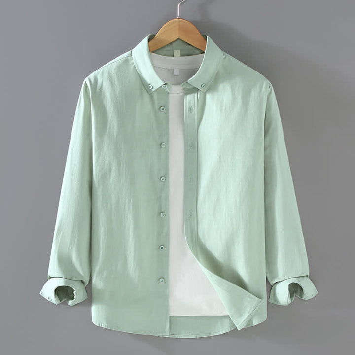 Buddha Stones Camisas de manga larga de algodón liso para hombre, estilo casual minimalista, con botones, para primavera y otoño. - Verde claro - US/UK/AU42, EU52 (3XL) - image 10