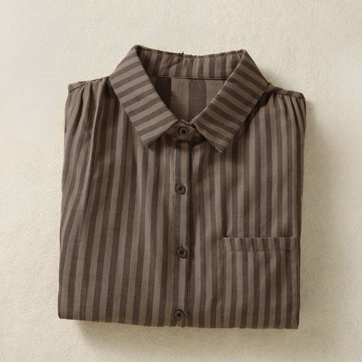 Buddha Stones Camisa de manga corta a rayas para mujer, estilo casual de verano, con botones y bolsillo de parche. - image 15