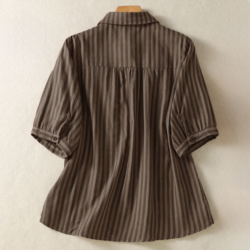 Buddha Stones Camisa de manga corta a rayas para mujer, estilo casual de verano, con botones y bolsillo de parche. - image 14