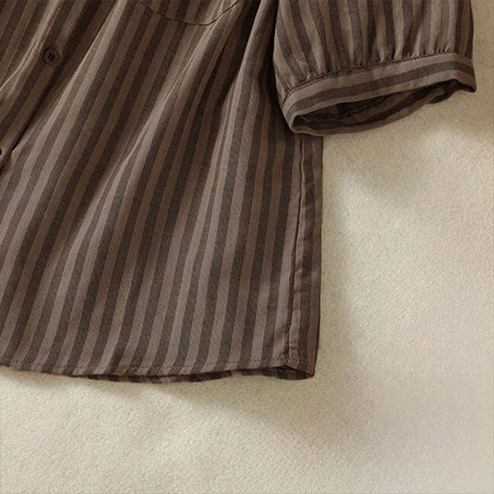 Buddha Stones Camisa de manga corta a rayas para mujer, estilo casual de verano, con botones y bolsillo de parche. - image 20