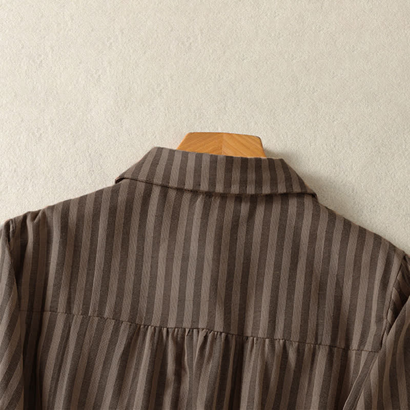 Buddha Stones Camisa de manga corta a rayas para mujer, estilo casual de verano, con botones y bolsillo de parche. - image 17