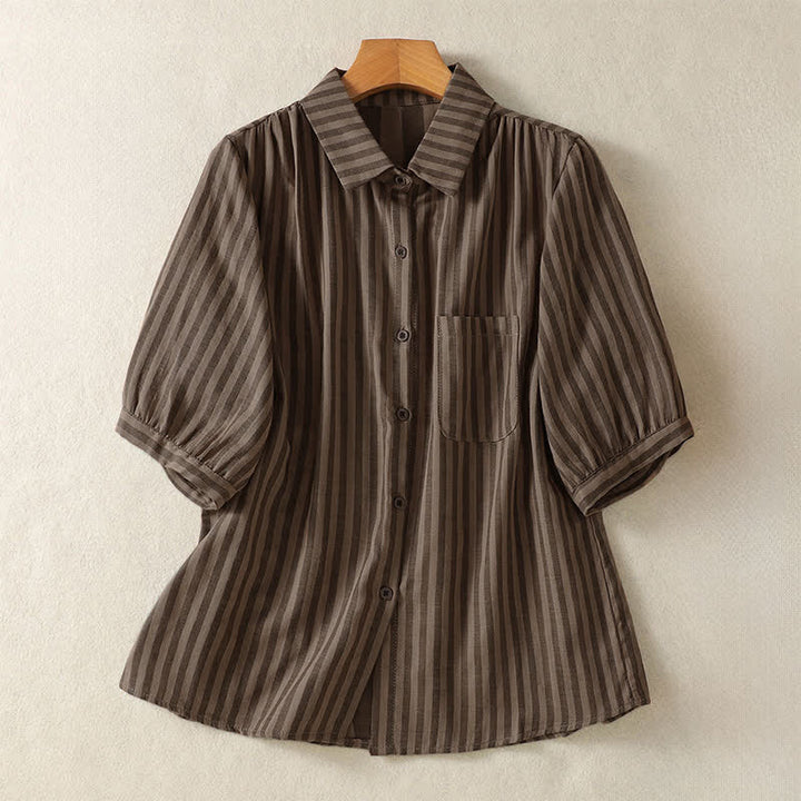 Buddha Stones Camisa de manga corta a rayas para mujer, estilo casual de verano, con botones y bolsillo de parche. - Marrón silla de montar - US12, UK/AU16, EU44 (3XL) - image 13