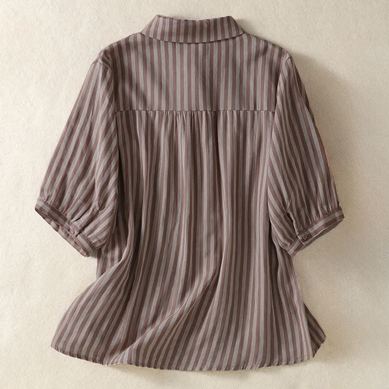 Buddha Stones Camisa de manga corta a rayas para mujer, estilo casual de verano, con botones y bolsillo de parche. - image 9