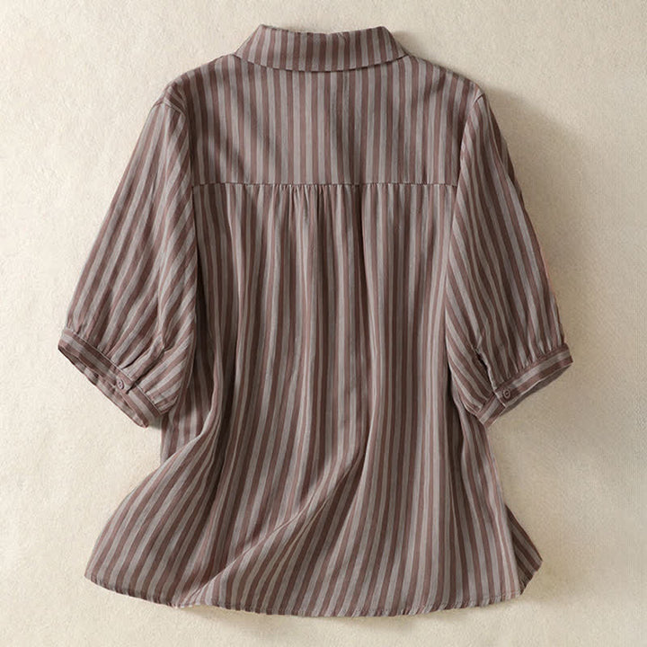 Buddha Stones Camisa de manga corta a rayas para mujer, estilo casual de verano, con botones y bolsillo de parche. - image 9