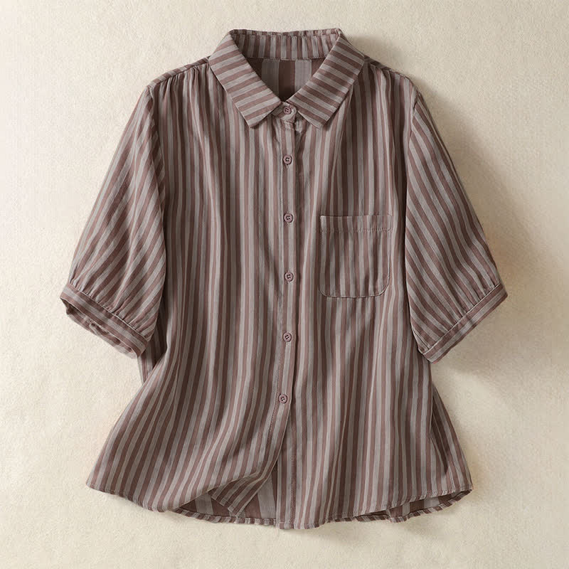 Buddha Stones Camisa de manga corta a rayas para mujer, estilo casual de verano, con botones y bolsillo de parche. - Marrón rosado - US12, UK/AU16, EU44 (3XL) - image 8