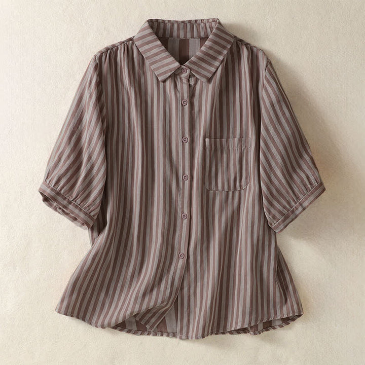 Buddha Stones Camisa de manga corta a rayas para mujer, estilo casual de verano, con botones y bolsillo de parche. - Marrón rosado - US12, UK/AU16, EU44 (3XL) - image 8