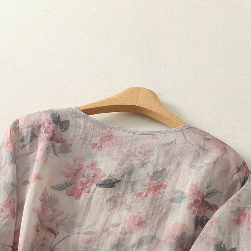 Buddha Stones Camisas de manga hasta el codo para mujer, estilo vintage, con botones de rana y cuello en V, con estampado floral, de Summer Tang Style. - image 8