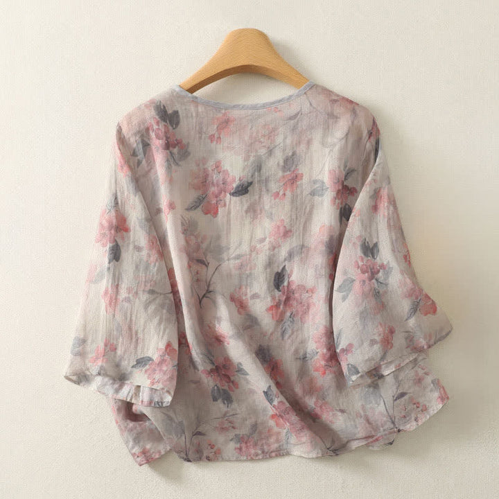 Buddha Stones Camisas de manga hasta el codo para mujer, estilo vintage, con botones de rana y cuello en V, con estampado floral, de Summer Tang Style. - image 6
