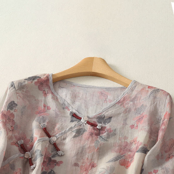 Buddha Stones Camisas de manga hasta el codo para mujer, estilo vintage, con botones de rana y cuello en V, con estampado floral, de Summer Tang Style. - image 7
