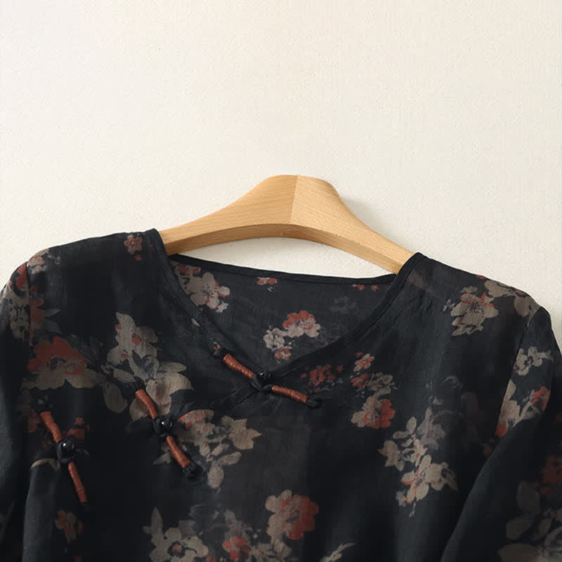 Buddha Stones Camisas de manga hasta el codo para mujer, estilo vintage, con botones de rana y cuello en V, con estampado floral, de Summer Tang Style. - image 1