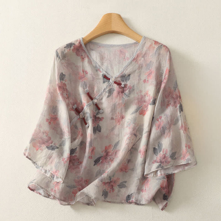 Buddha Stones Camisas de manga hasta el codo para mujer, estilo vintage, con botones de rana y cuello en V, con estampado floral, de Summer Tang Style. - Beige - US12, UK/AU16, EU44 (3XL) - image 5