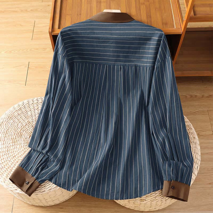 Buddha Stones Camisa de manga larga para mujer, estilo casual minimalista, con botones, rayas y ribete en contraste, ideal para primavera y verano. - image 11