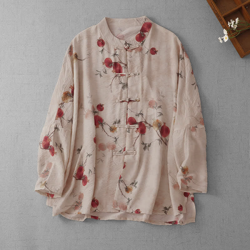Buddha Stones Camisas de manga corta para mujer estilo Summer Tang Vintage Frog Button con estampado de granada y botones. - Beige - US14, UK/AU18, EU46 (2XL) - image 0