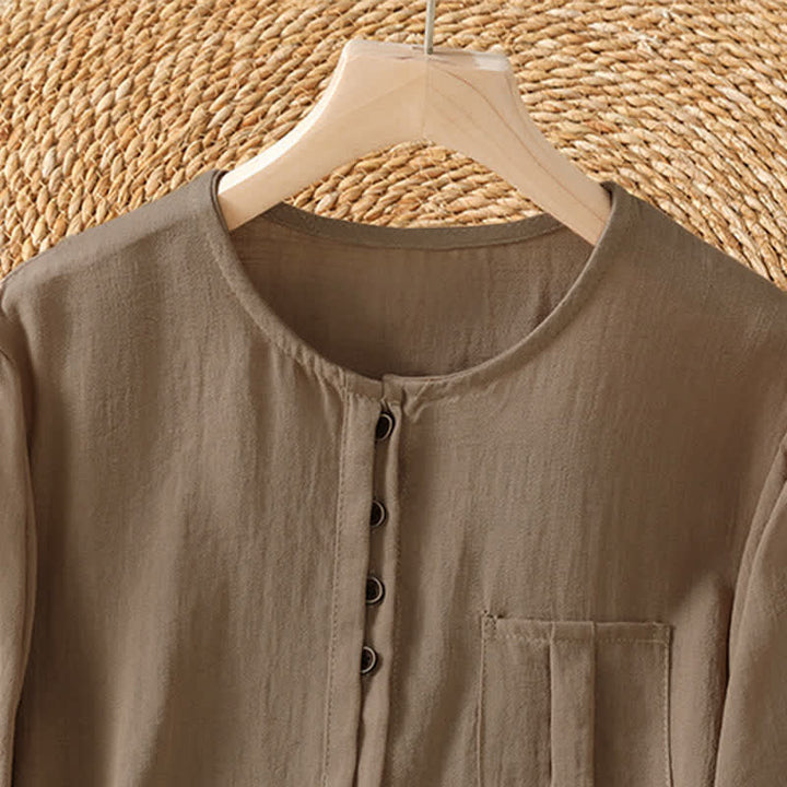 Buddha Stones Camisa de manga tres cuartos para mujer, estilo casual de primavera, minimalista, con botones y bolsillo de parche. - image 9
