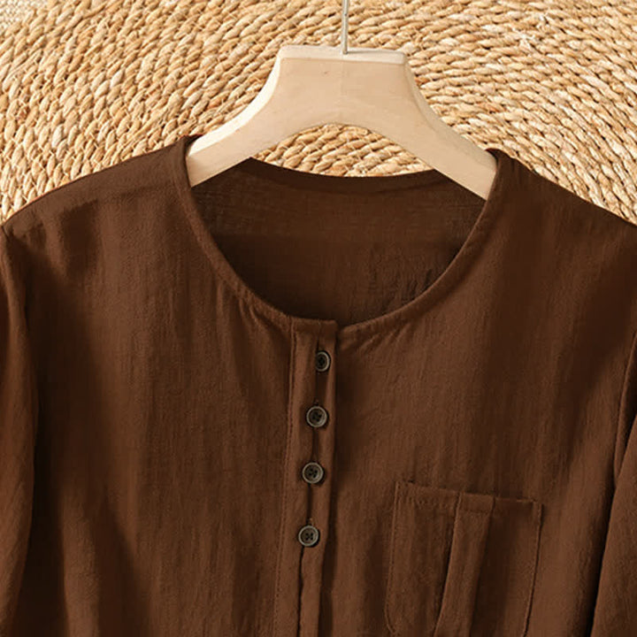 Buddha Stones Camisa de manga tres cuartos para mujer, estilo casual de primavera, minimalista, con botones y bolsillo de parche. - image 2