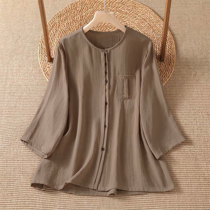 Buddha Stones Camisa de manga tres cuartos para mujer, estilo casual de primavera, minimalista, con botones y bolsillo de parche. - Broncearse - US4-8/10, UK/AU8-12/14, EU36-40/42 (F) - image 7