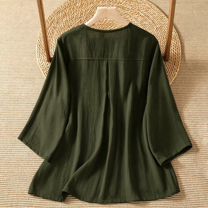 Buddha Stones Camisa de manga tres cuartos para mujer, estilo casual de primavera, minimalista, con botones y bolsillo de parche. - image 16