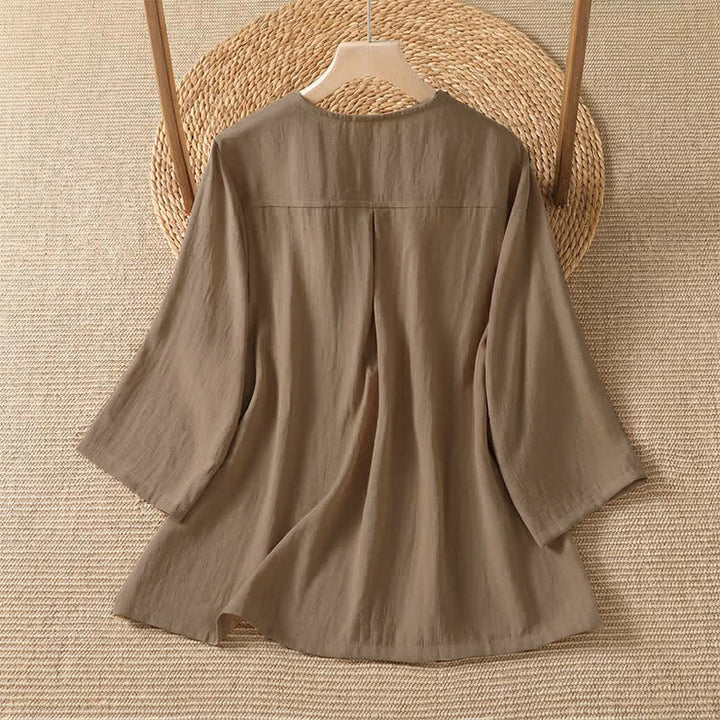 Buddha Stones Camisa de manga tres cuartos para mujer, estilo casual de primavera, minimalista, con botones y bolsillo de parche. - image 8