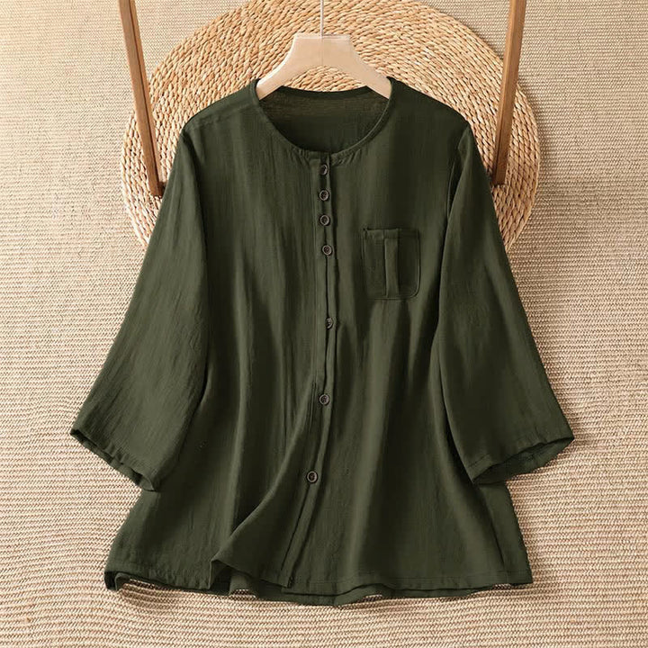 Buddha Stones Camisa de manga tres cuartos para mujer, estilo casual de primavera, minimalista, con botones y bolsillo de parche. - Verde oliva oscuro - US4-8/10, UK/AU8-12/14, EU36-40/42 (F) - image 15